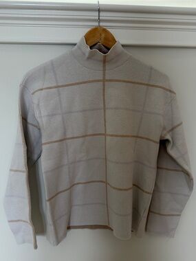 Anthropologie Cream and Tan Windowpane Turtleneck Sweater